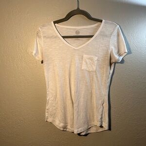 SO White and Tan Fitted Short Sleeve Tee Size Small Pocketed V-Neck Workwear